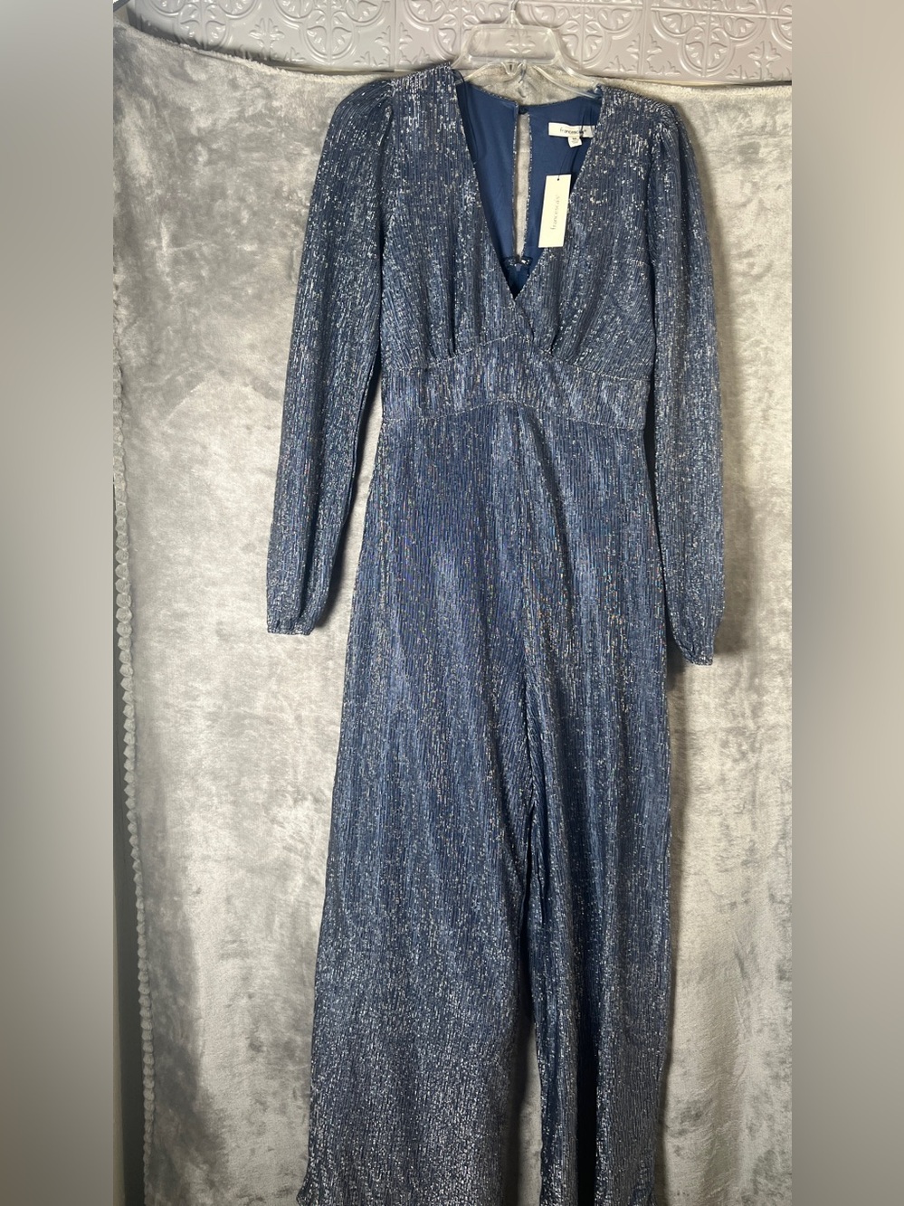 Francesca's Collections Metallic Blue Long Sleeve Jumpsuit